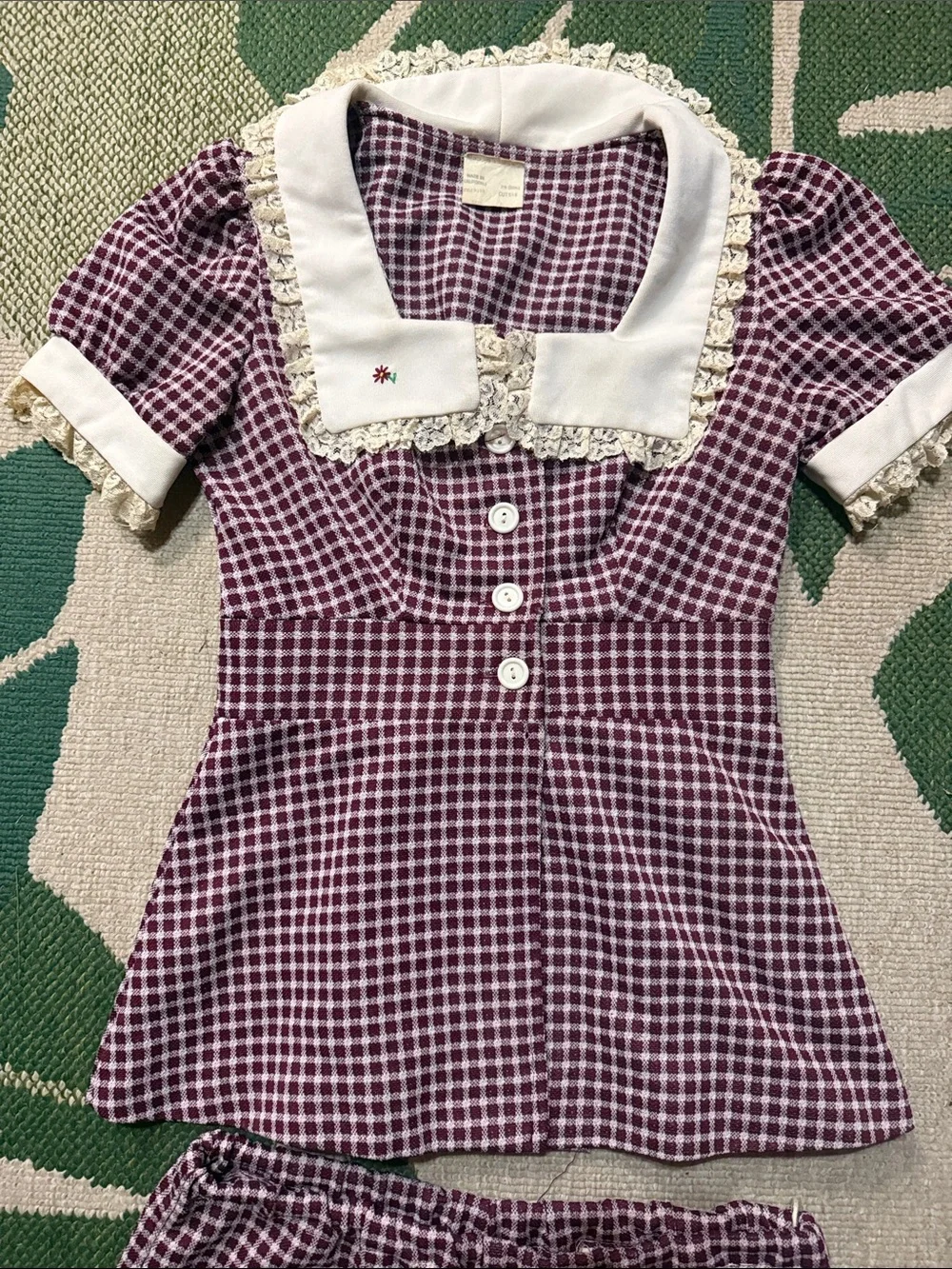 Vintage burgundy Check coord matching Set with Lace Collar small